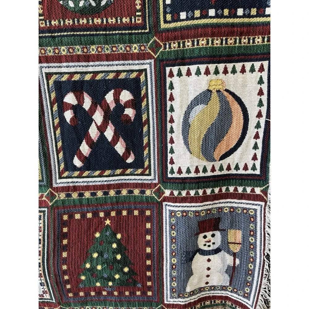 Vintage Christmas Woven Tapestry Afgan Snowman Tree Ornaments ThrowBlanket 48x64